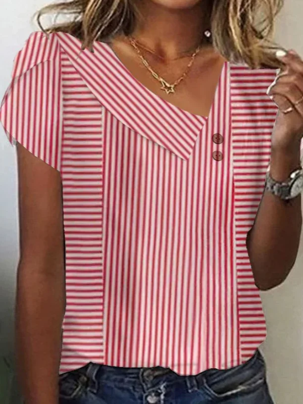Women Striped Short Sleeve Tee T-shirt Asymmetrical Buckle Casual Summer Top