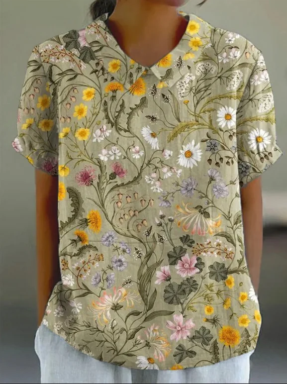 Women Geometric Short Sleeve Tee T-shirt Stand Collar Printing Casual Summer Top