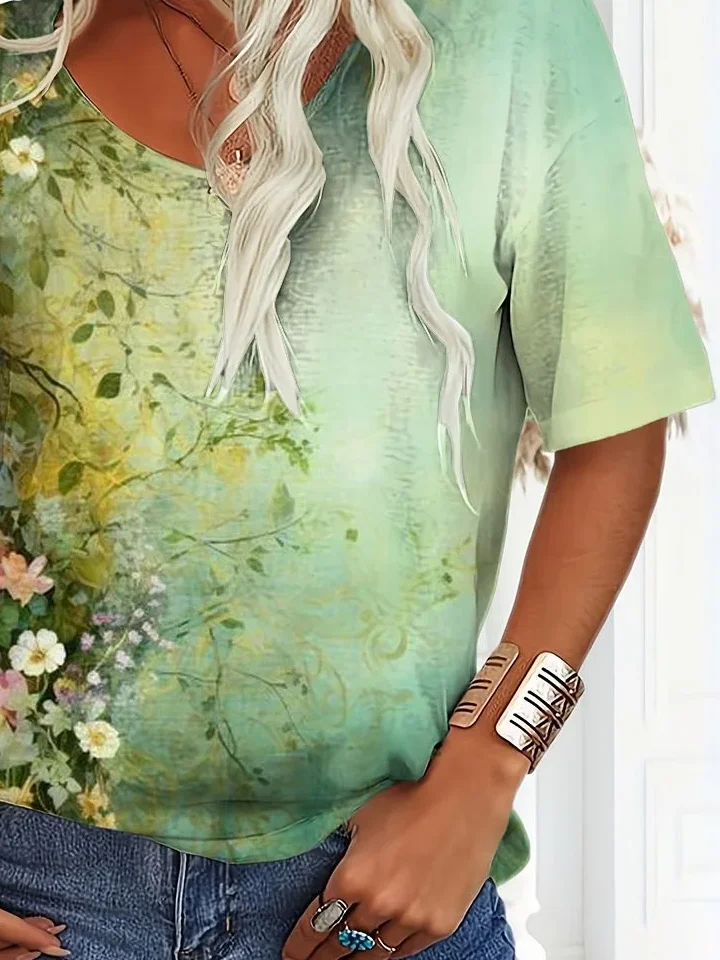 Women Floral Short Sleeve Tee T-shirt V Neck Printing Casual Summer Graphic Tee Top