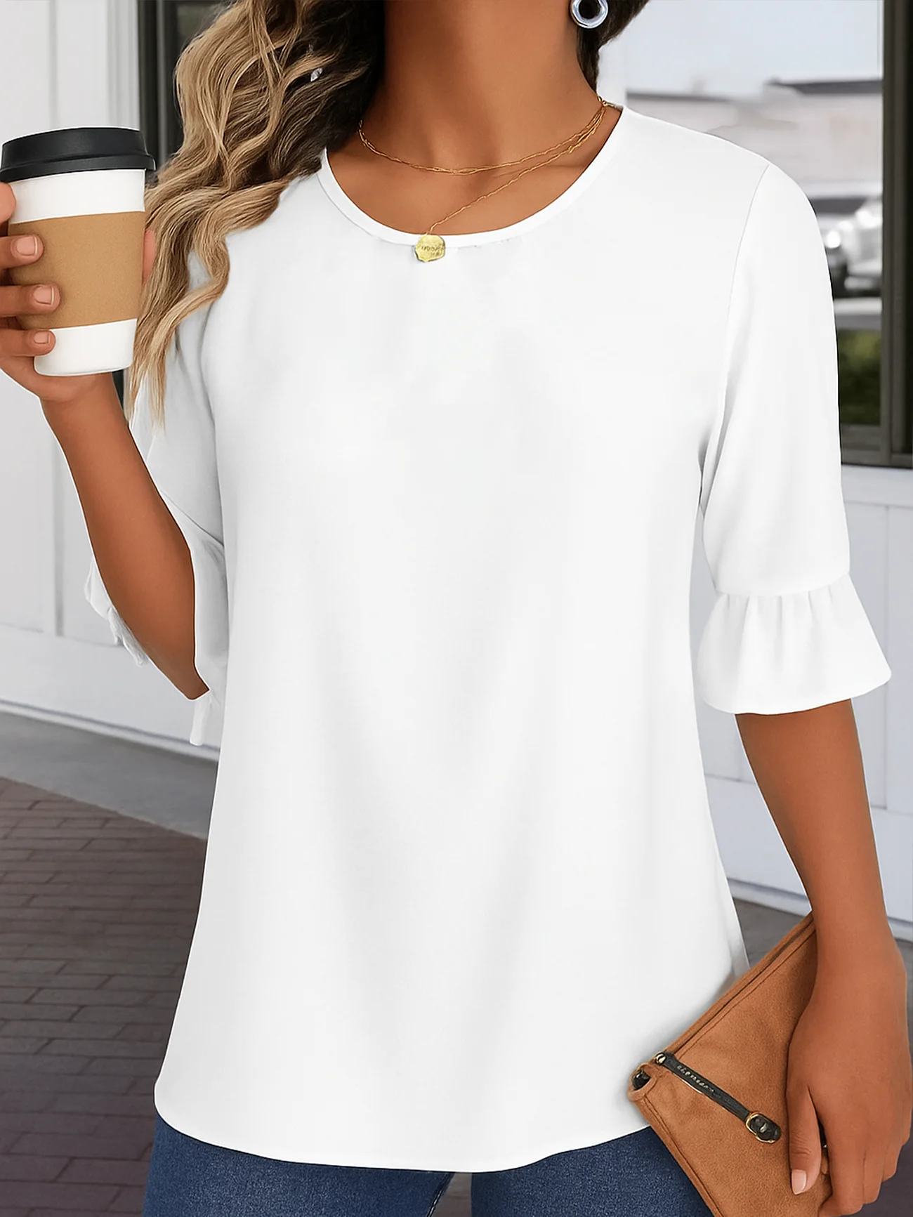 Women Plain Half Sleeve Shirt Summer Crew Neck Daily Vintage Top