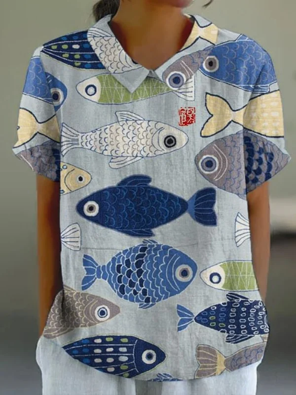 Women Geometric Short Sleeve Tee T-shirt Stand Collar Printing Casual Summer Top