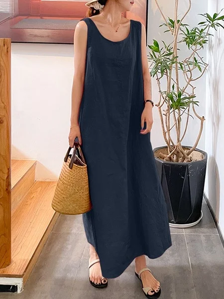 Women Plain Sleeveless Summer Split Joint Dress Crew Neck Daily Vintage Maxi Tank A-Line Dress