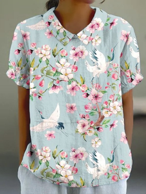 Women Geometric Short Sleeve Tee T-shirt Stand Collar Printing Casual Summer Top