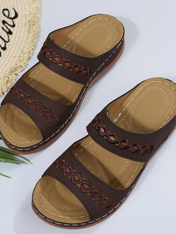 Women Retro Non-Slip Round Toe Comfortable Flat Sandals Casual Daily Slippers