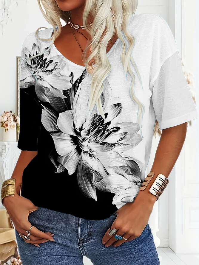Women Floral Short Sleeve Tee T-shirt V Neck Printing Casual Summer Graphic Tee Top