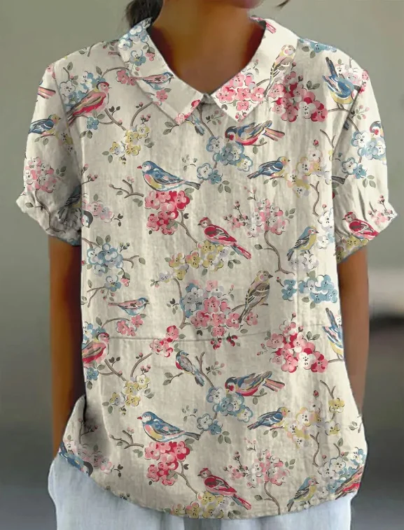 Women Geometric Short Sleeve Tee T-shirt Stand Collar Printing Casual Summer Top