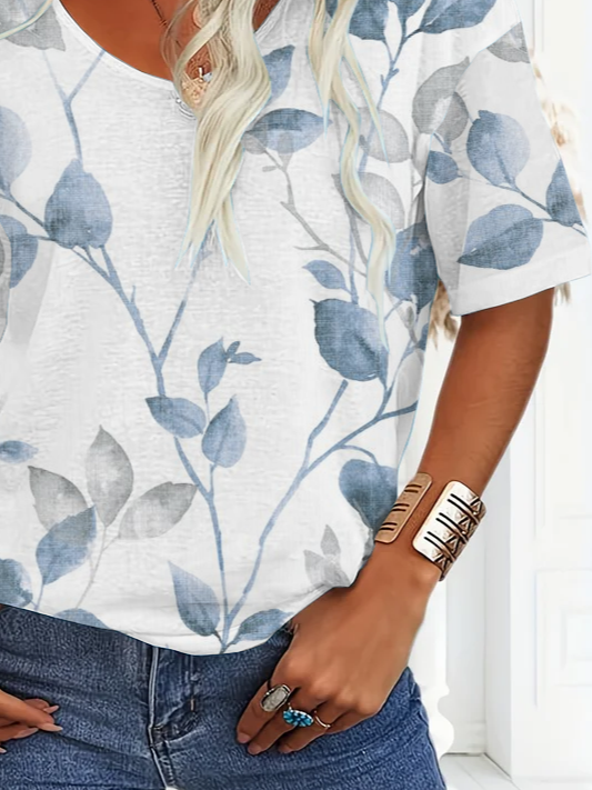 Women Floral Short Sleeve Tee T-shirt V Neck Printing Casual Summer Graphic Tee Top