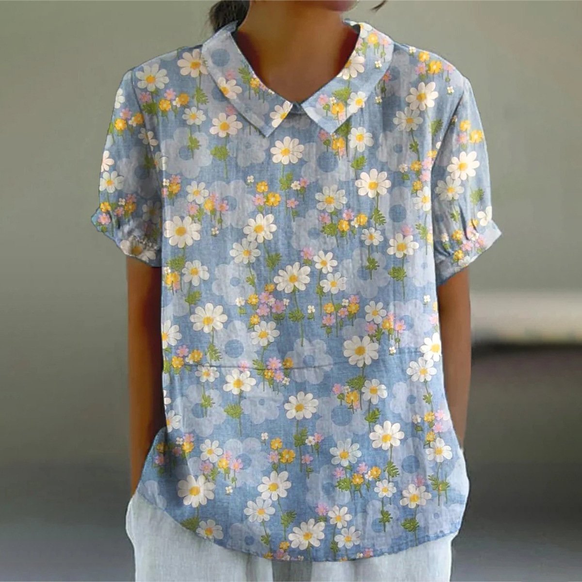Women Geometric Short Sleeve Tee T-shirt Stand Collar Printing Casual Summer Top