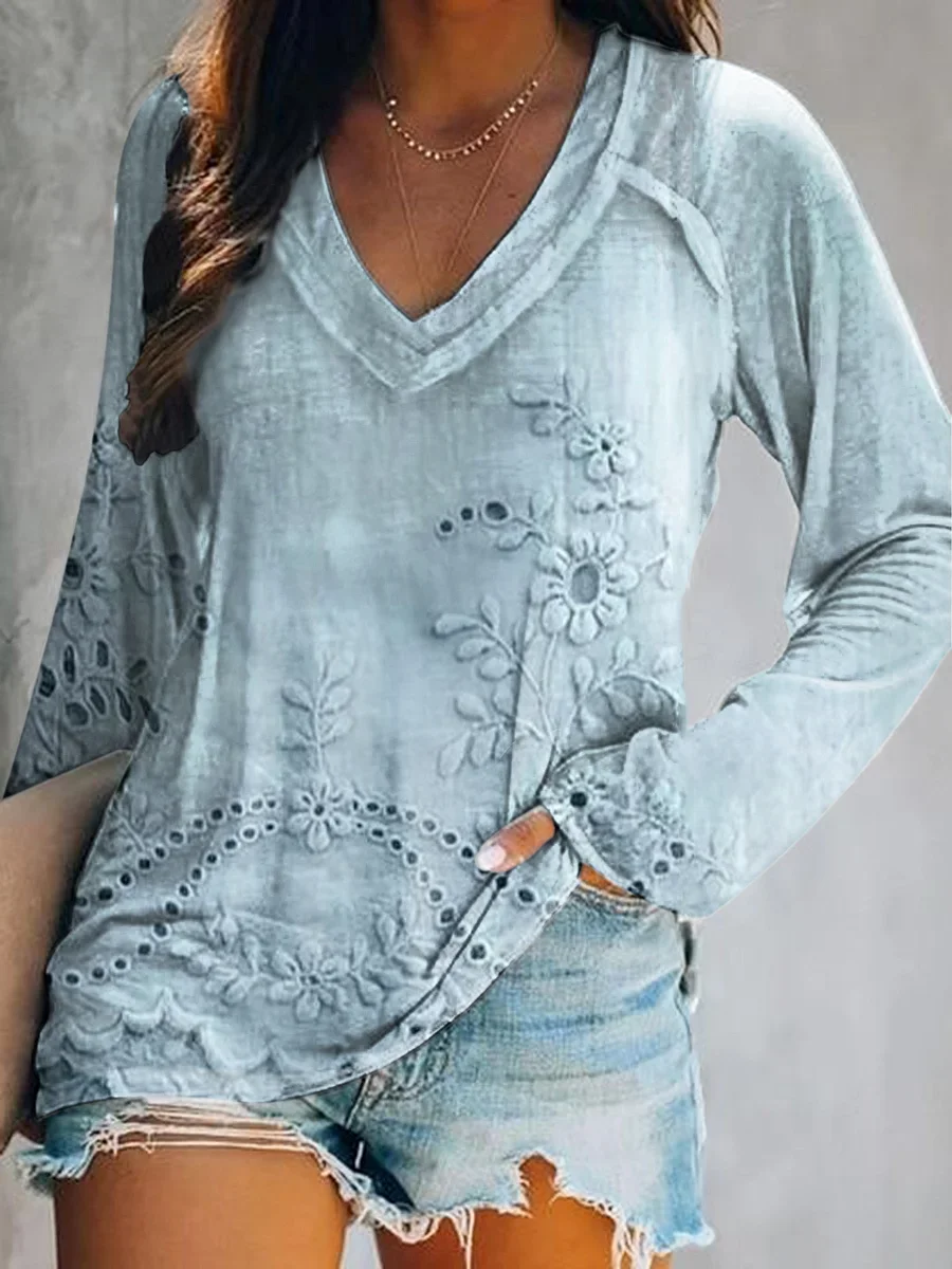 Women Floral Long Sleeve Blouse Spring/Fall Printing V Neck Daily Casual Top