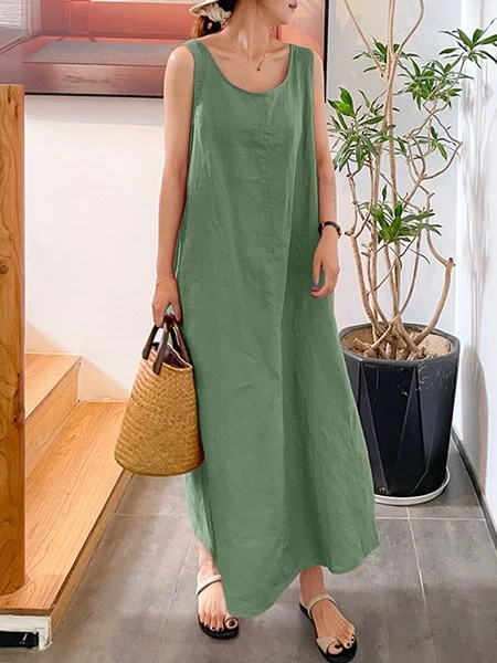 Women Plain Sleeveless Summer Split Joint Dress Crew Neck Daily Vintage Maxi Tank A-Line Dress