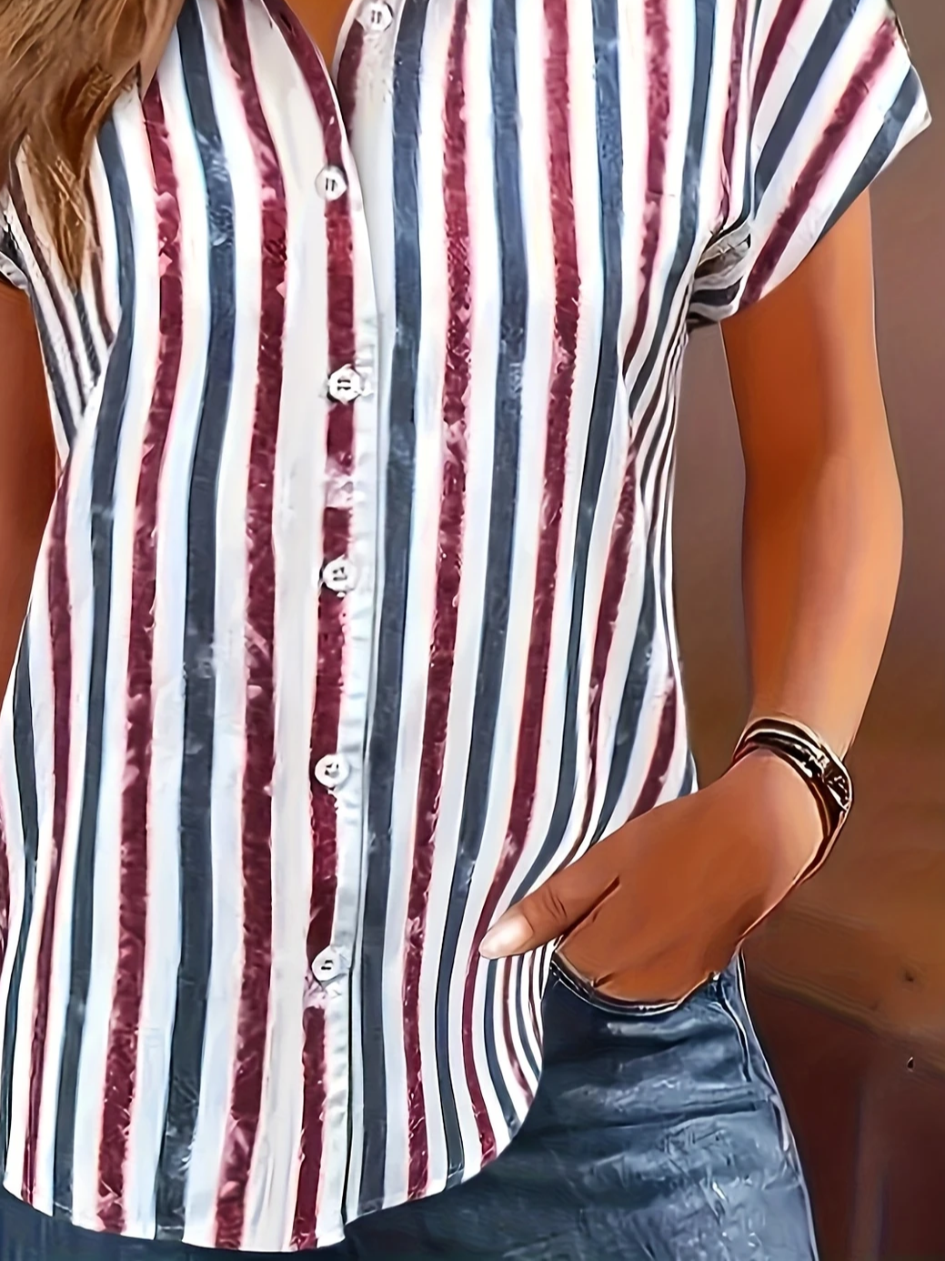 Women Striped Short Sleeve Shirt Summer Printing Shirt Collar Daily Casual Top