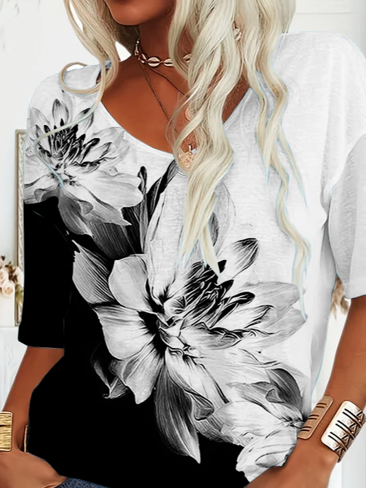 Women Floral Short Sleeve Tee T-shirt V Neck Printing Casual Summer Graphic Tee Top