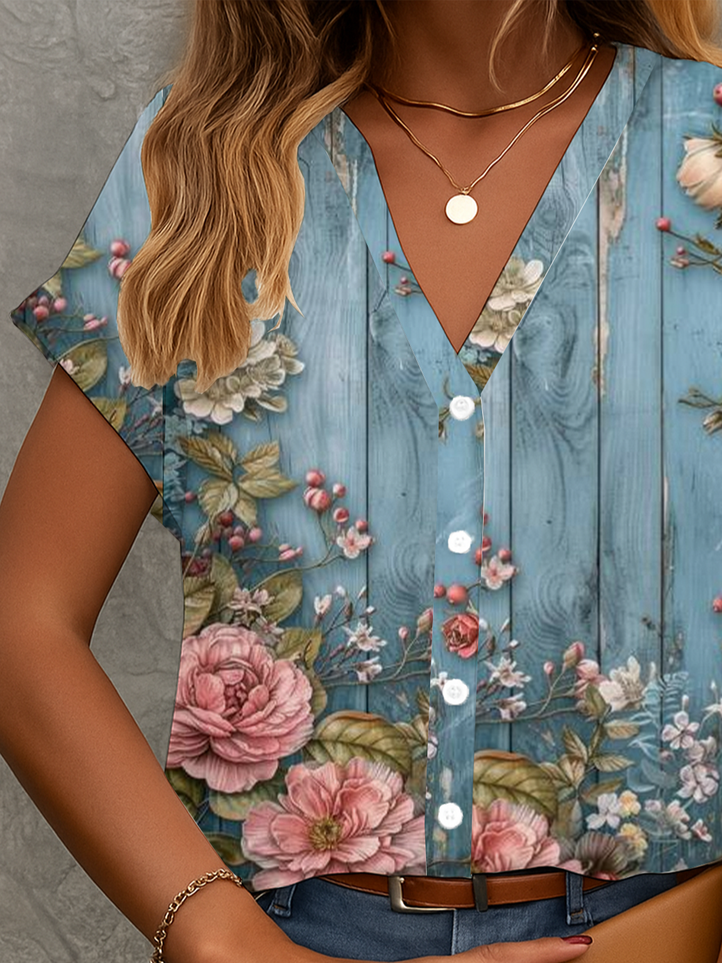 Women Floral Short Sleeve Shirt Summer Printing V Neck Daily Casual Top
