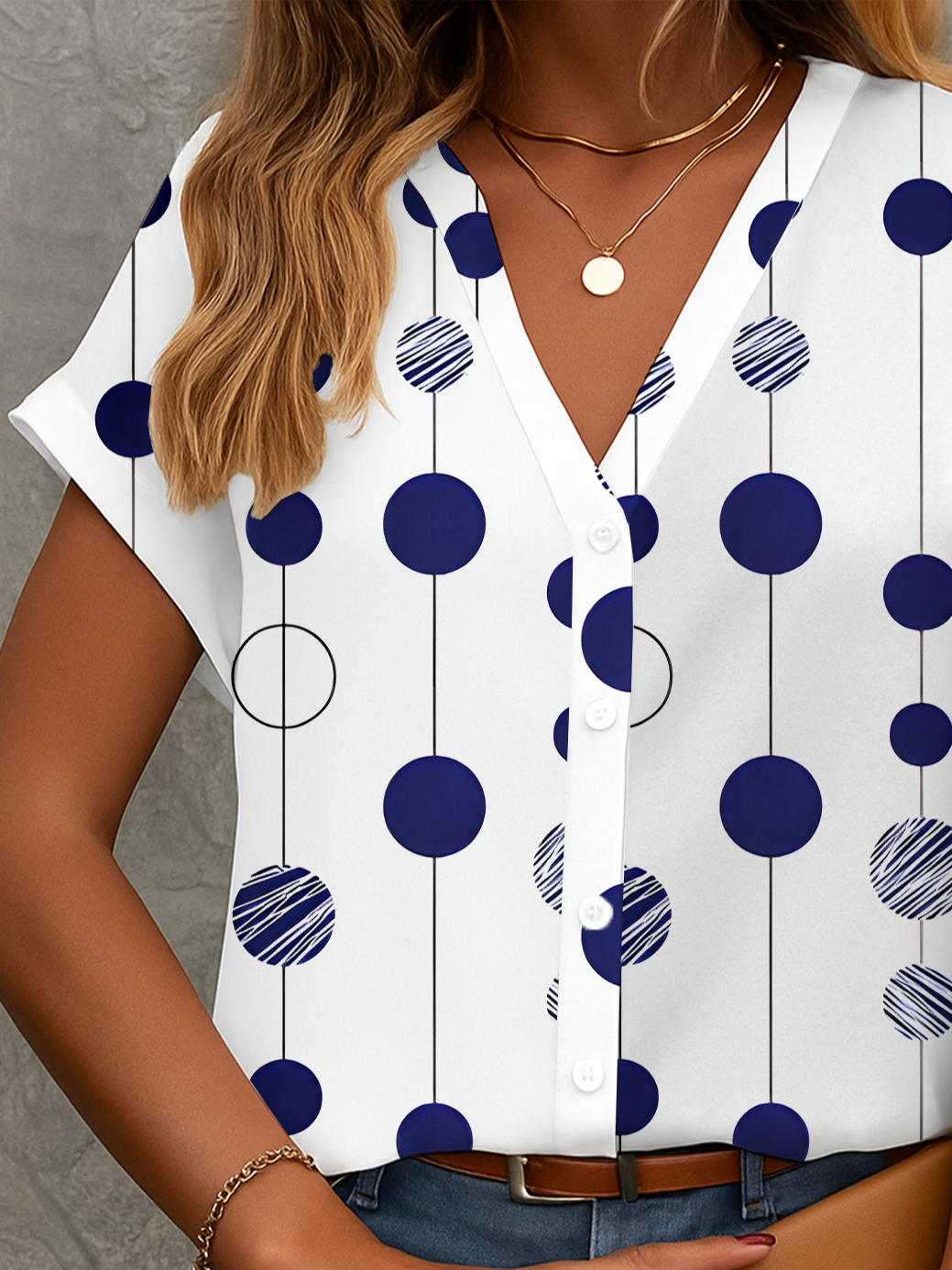 Women Polka Dots Short Sleeve Shirt Summer Printing V Neck Daily Casual Top