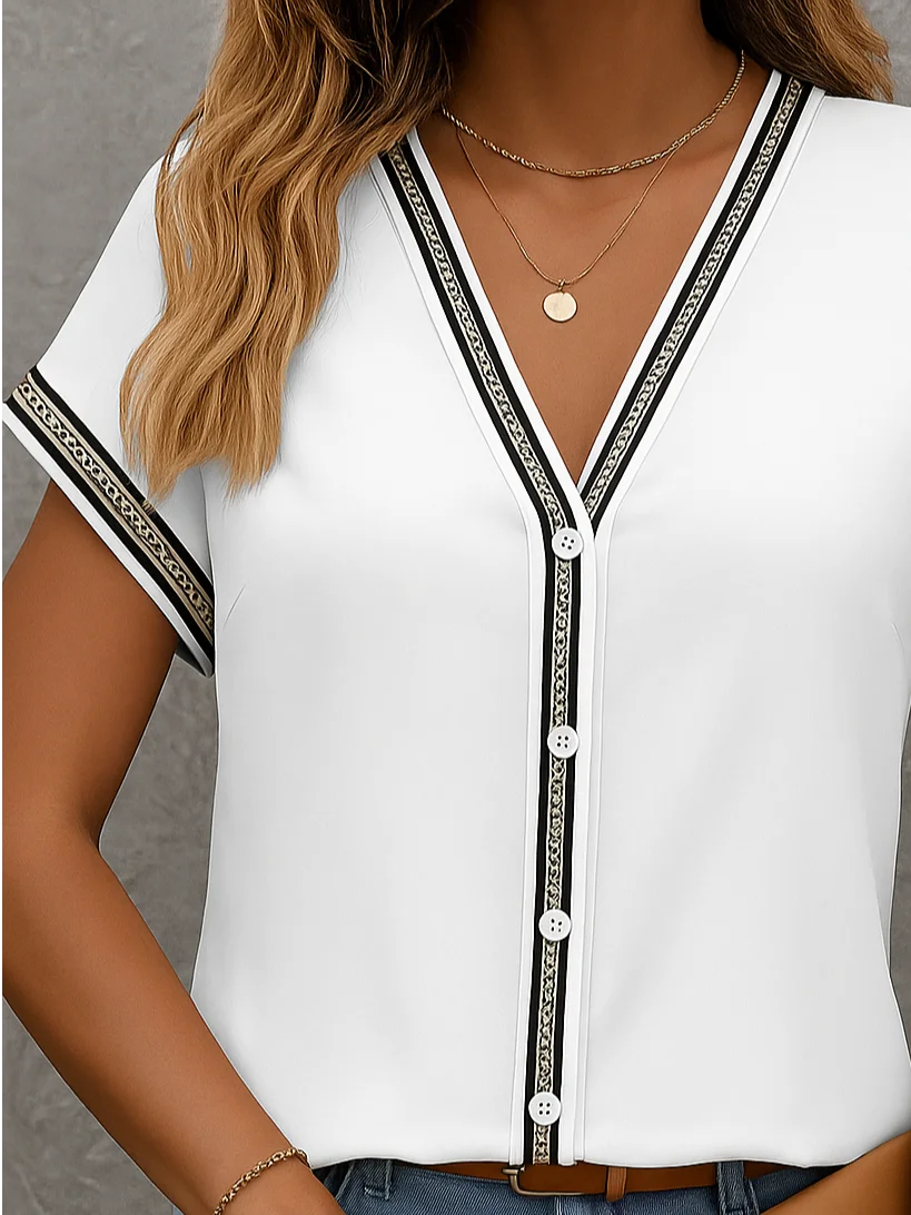 Women Abstract Short Sleeve Shirt Summer Printing V Neck Daily Casual Top