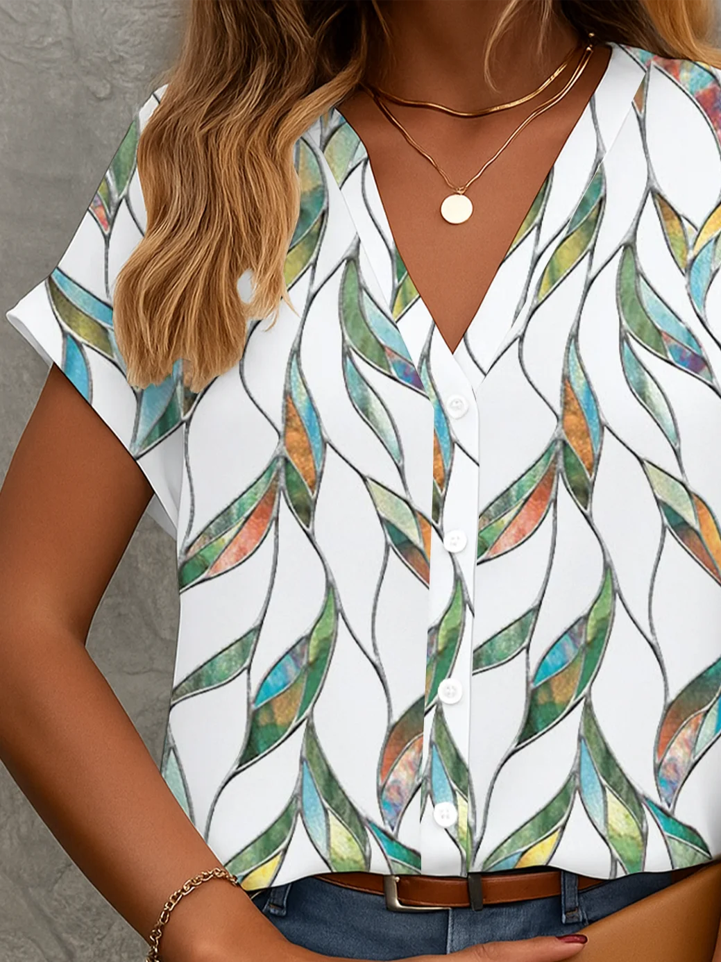 Women Floral Short Sleeve Shirt Summer Printing V Neck Daily Casual Top