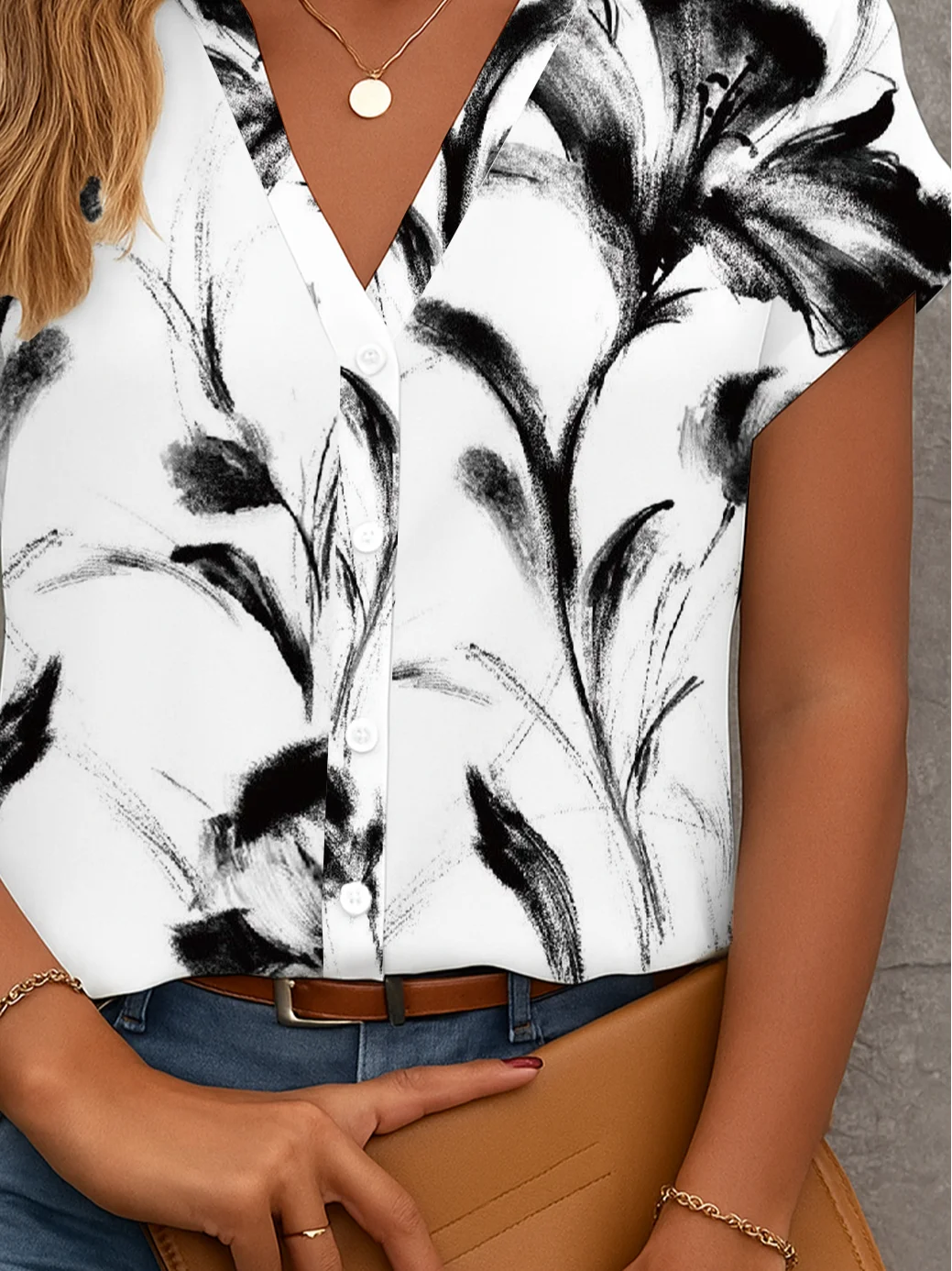 Women Floral Short Sleeve Shirt Summer Printing V Neck Daily Casual Top
