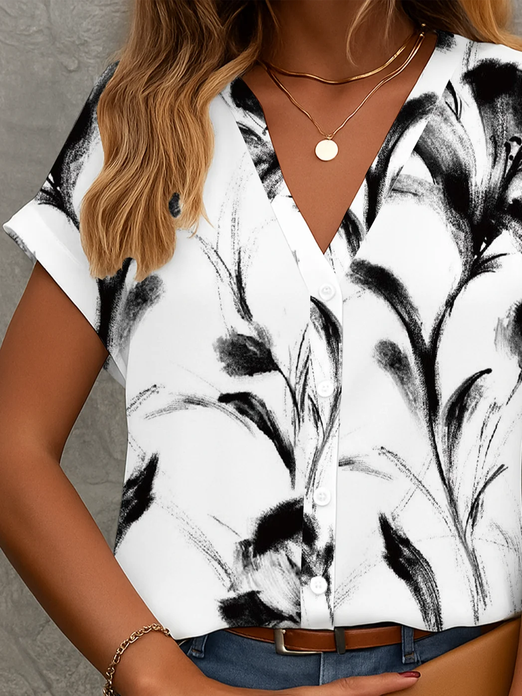 Women Floral Short Sleeve Shirt Summer Printing V Neck Daily Casual Top