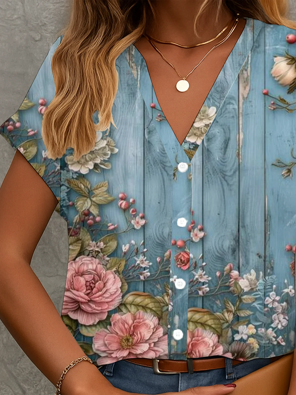 Women Floral Short Sleeve Shirt Summer Printing V Neck Daily Casual Top