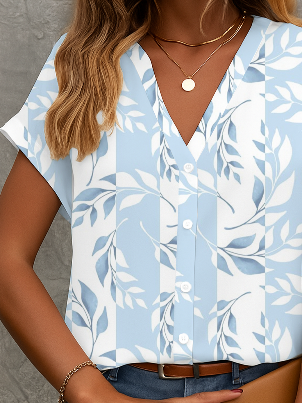 Women Floral Short Sleeve Shirt Summer Printing V Neck Daily Casual Top