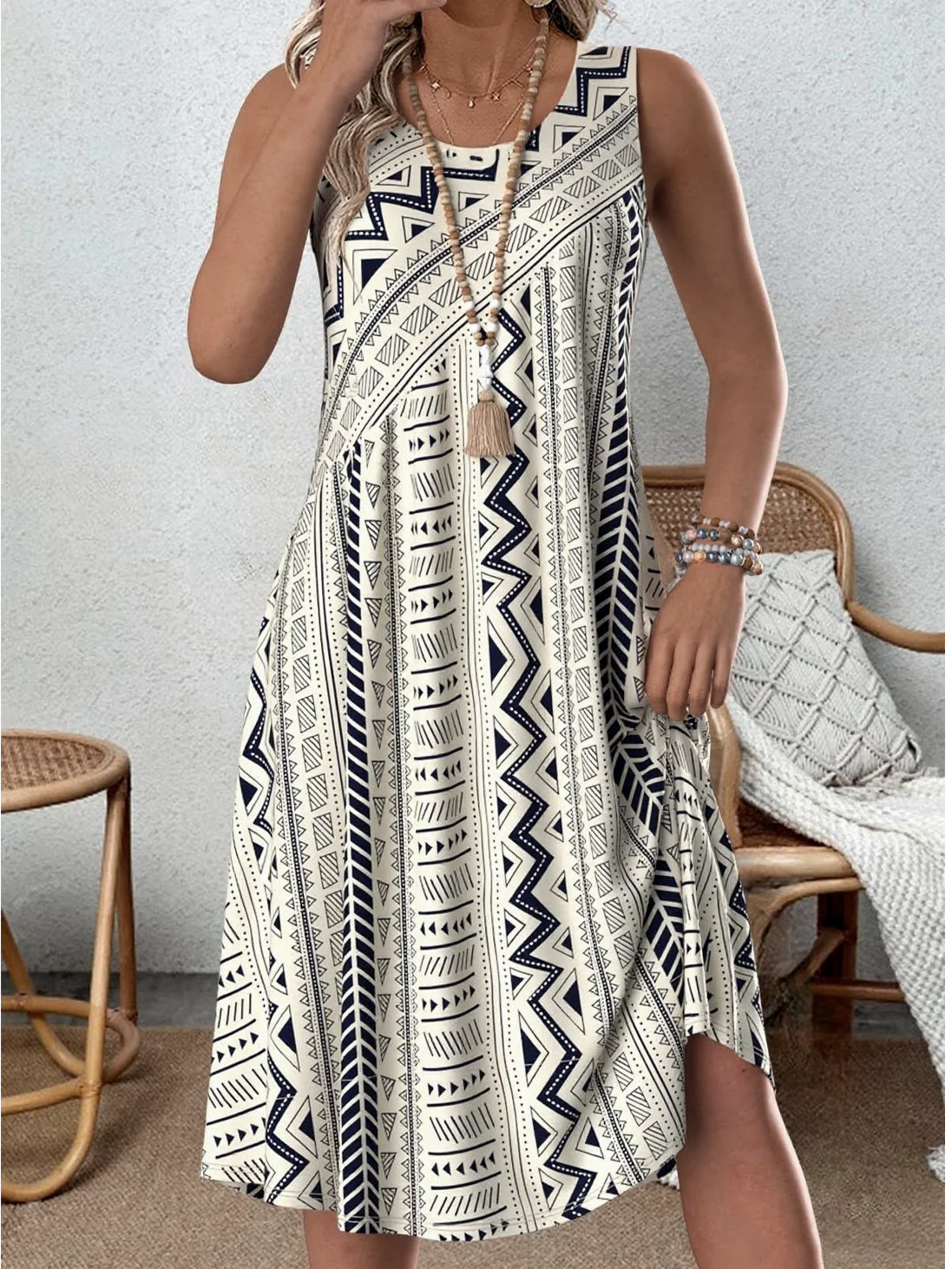 Women Geometric Sleeveless Summer Dress Crew Neck Daily Casual Midi Tank A-Line Dress