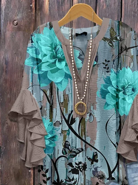 Women Floral Half Sleeve Shirt Summer Printing V Neck Daily Casual Top