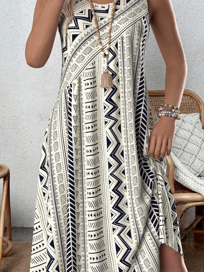 Women Geometric Sleeveless Summer Dress Crew Neck Daily Casual Midi Tank A-Line Dress
