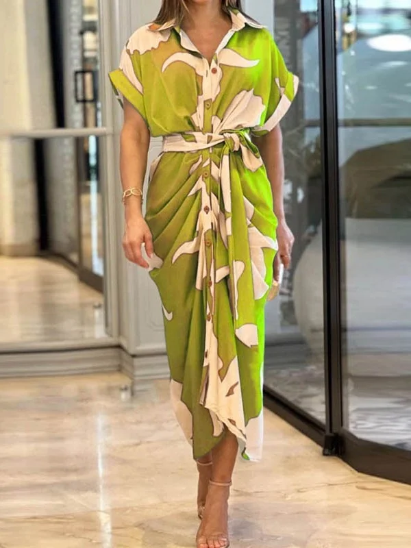 Women Floral Half Sleeve Summer Printing Dress Shirt Collar Daily Vintage Maxi Hip Skirt A-Line Dress