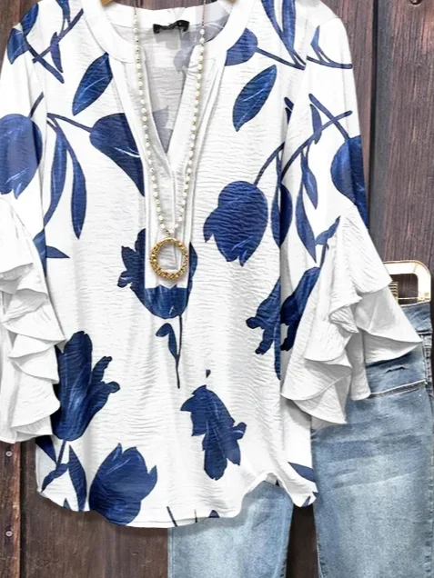 Women Floral Half Sleeve Shirt Summer Printing V Neck Daily Casual Top