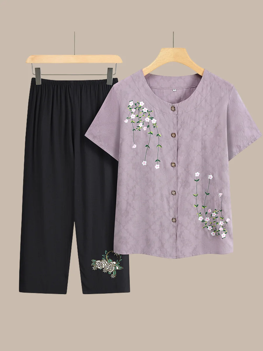 Women Floral Embroidery Two-Piece Set Daily Half Sleeve Casual Summer Top With Pants Matching Set