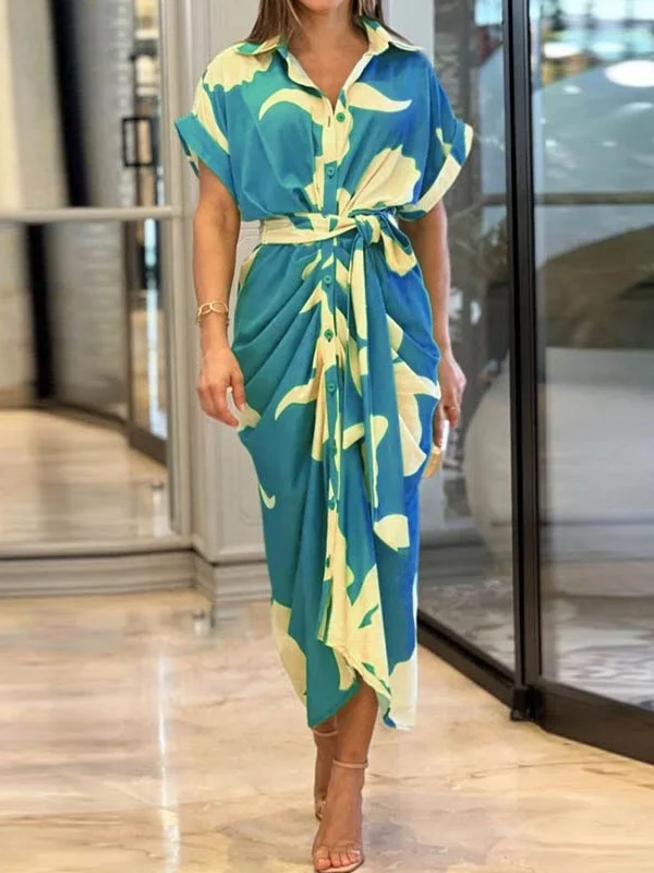Women Floral Half Sleeve Summer Printing Dress Shirt Collar Daily Vintage Maxi Hip Skirt A-Line Dress