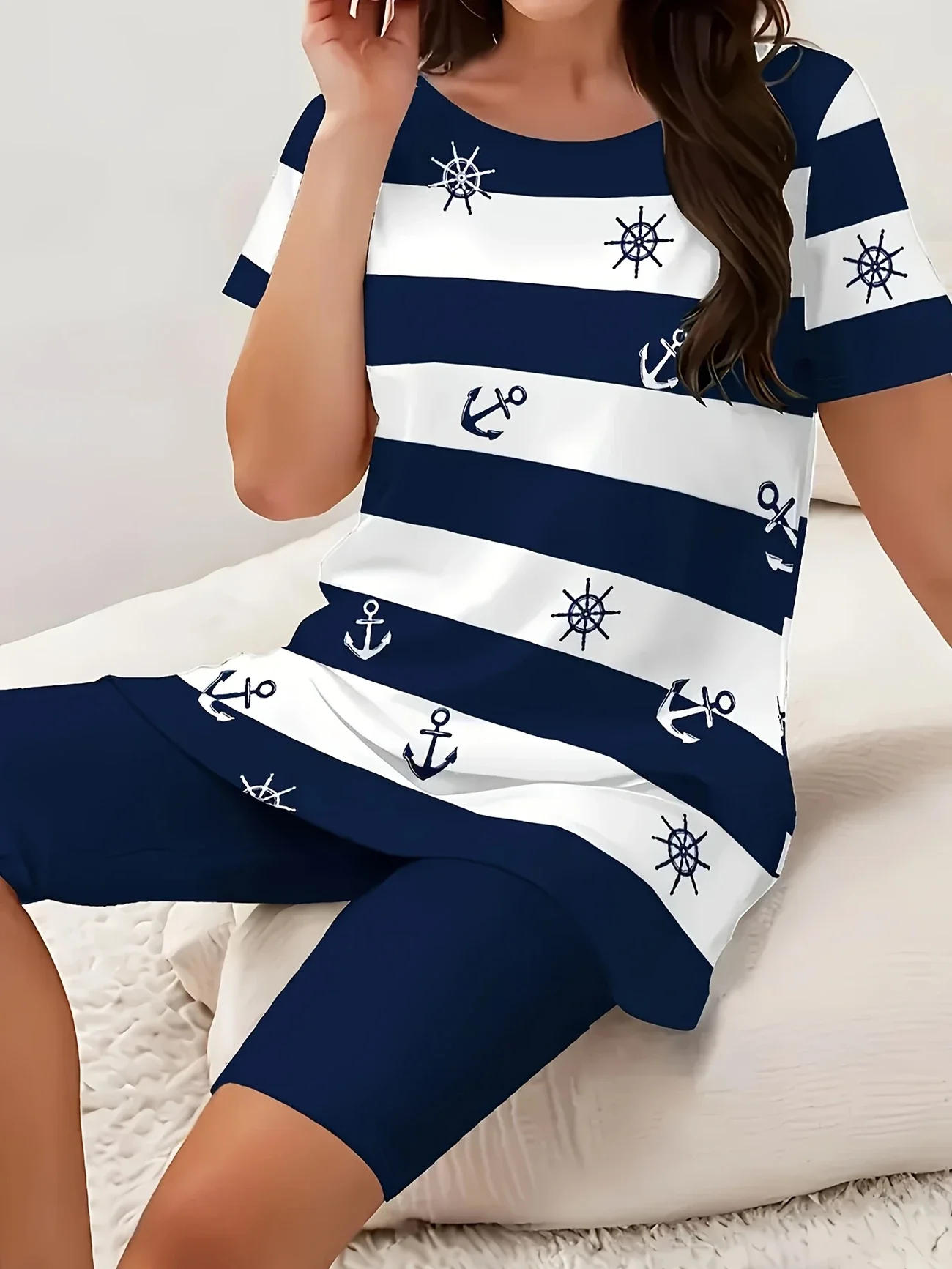 Women Striped Printing Two-Piece Set Daily Short Sleeve Casual Summer Top With Pants Matching Set