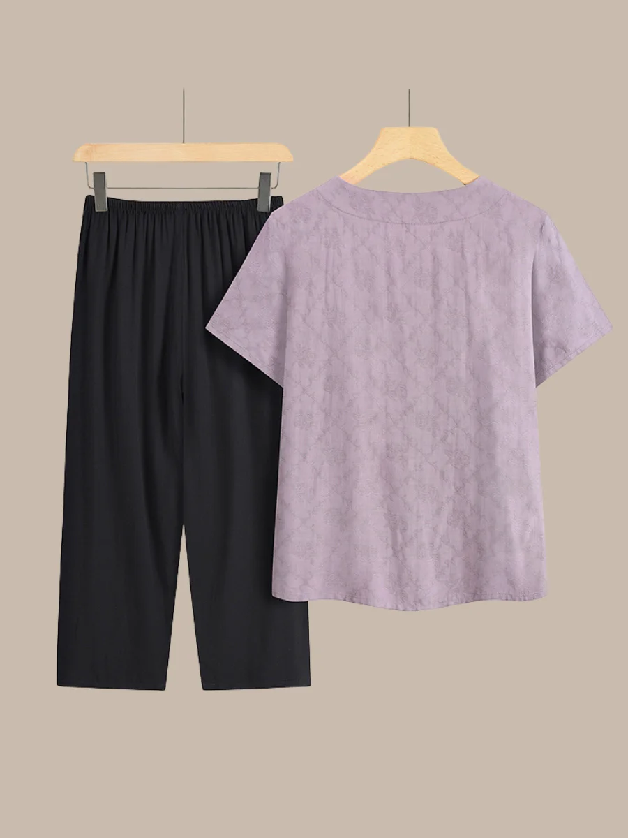 Women Floral Embroidery Two-Piece Set Daily Half Sleeve Casual Summer Top With Pants Matching Set