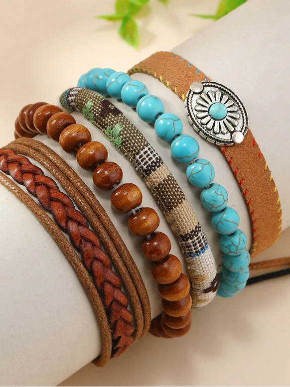 Turquoise Summer New Hot Sale Simple Fashion Bohemian Small Flower Style Turquoise Beaded Wooden Bead Five-piece Bracelet