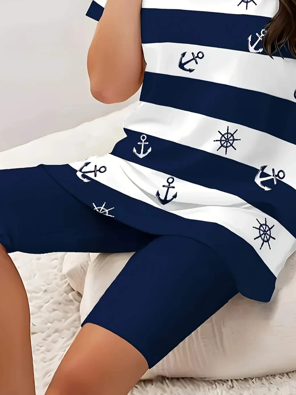 Women Striped Printing Two-Piece Set Daily Short Sleeve Casual Summer Top With Pants Matching Set
