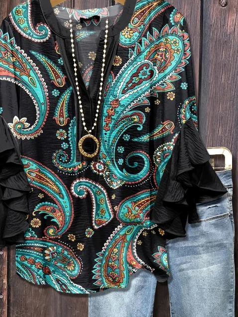 Women Paisley Half Sleeve Shirt Summer Printing V Neck Daily Casual Top