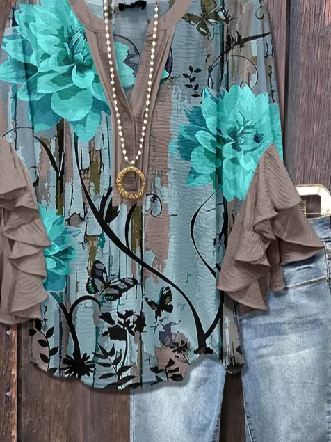 Women Floral Half Sleeve Shirt Summer Printing V Neck Daily Casual Top