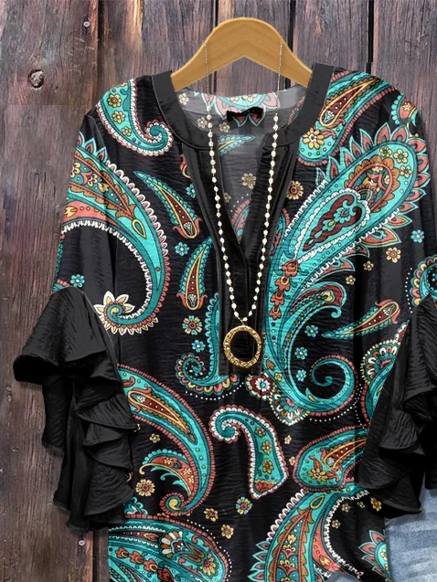 Women Paisley Half Sleeve Shirt Summer Printing V Neck Daily Casual Top