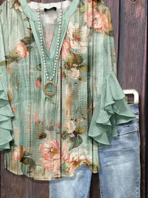 Women Floral Half Sleeve Shirt Summer Printing V Neck Daily Casual Top