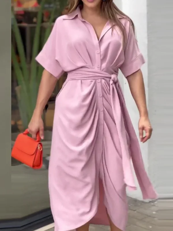 Women Floral Half Sleeve Summer Printing Dress Shirt Collar Daily Vintage Maxi Hip Skirt A-Line Dress