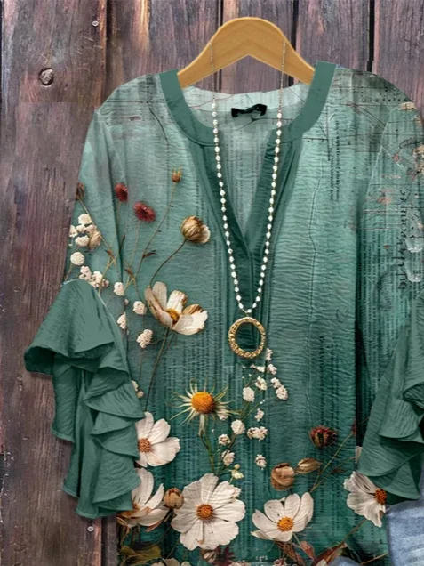 Women Floral Half Sleeve Shirt Summer Printing V Neck Daily Casual Top