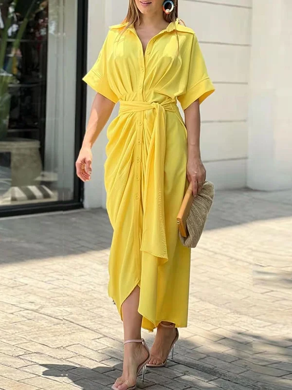 Women Floral Half Sleeve Summer Printing Dress Shirt Collar Daily Vintage Maxi Hip Skirt A-Line Dress