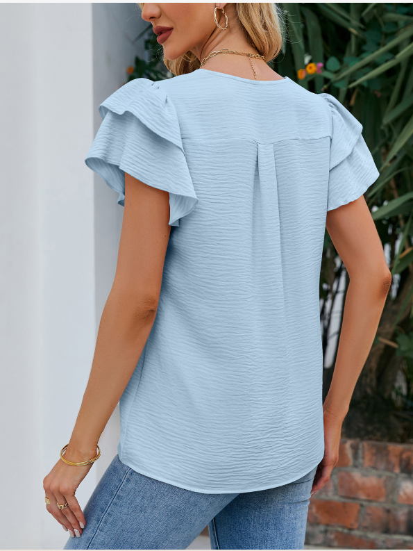 Women Plain Short Sleeve Tee T-shirt V Neck Casual Summer Top