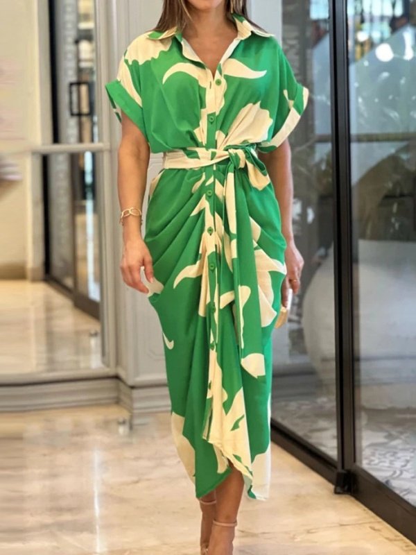Women Floral Half Sleeve Summer Printing Dress Shirt Collar Daily Vintage Maxi Hip Skirt A-Line Dress