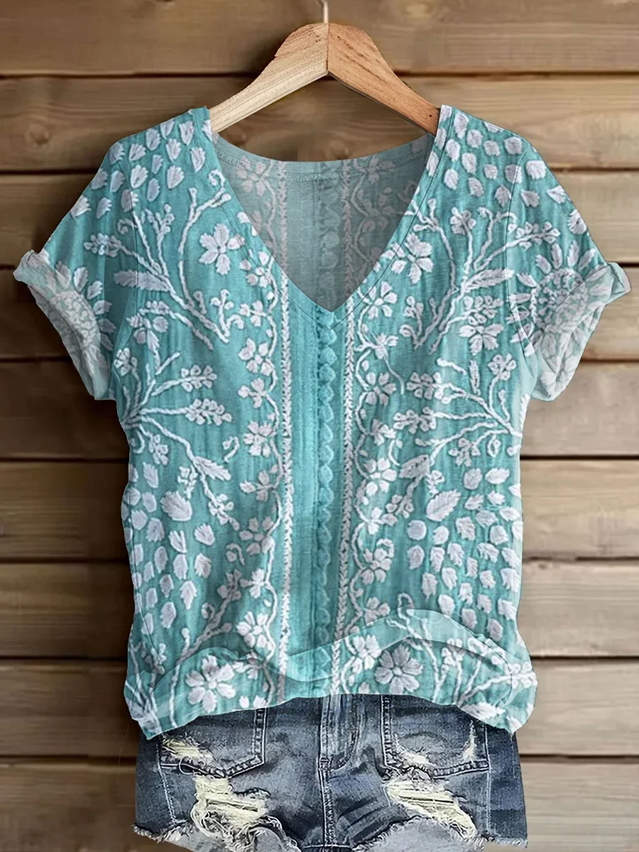 Women Floral Short Sleeve Tee T-shirt V Neck Printing Casual Summer Graphic Tee Top