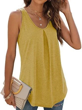 Women Sleeveless Tank Top Camisole Summer Plain Ruched Crew Neck Daily Sports Top