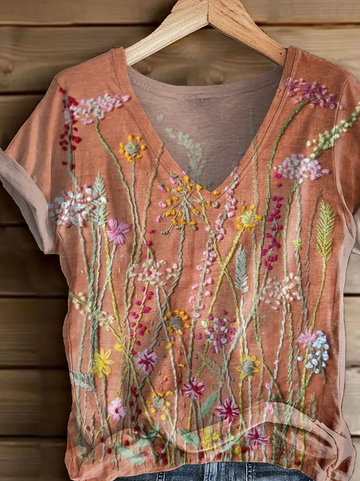Women Floral Short Sleeve Tee T-shirt V Neck Printing Casual Summer Graphic Tee Top