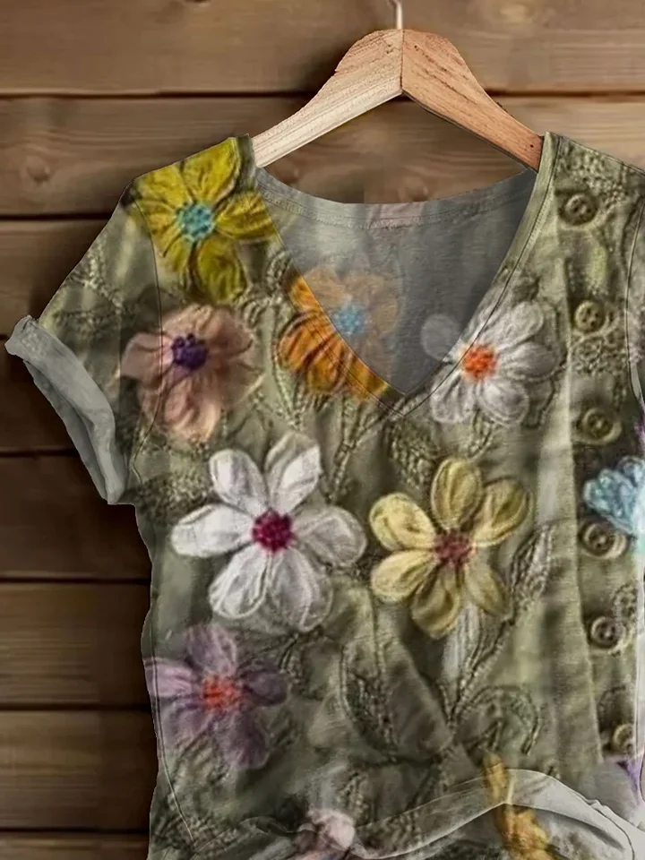 Women Floral Short Sleeve Tee T-shirt V Neck Printing Casual Summer Graphic Tee Top