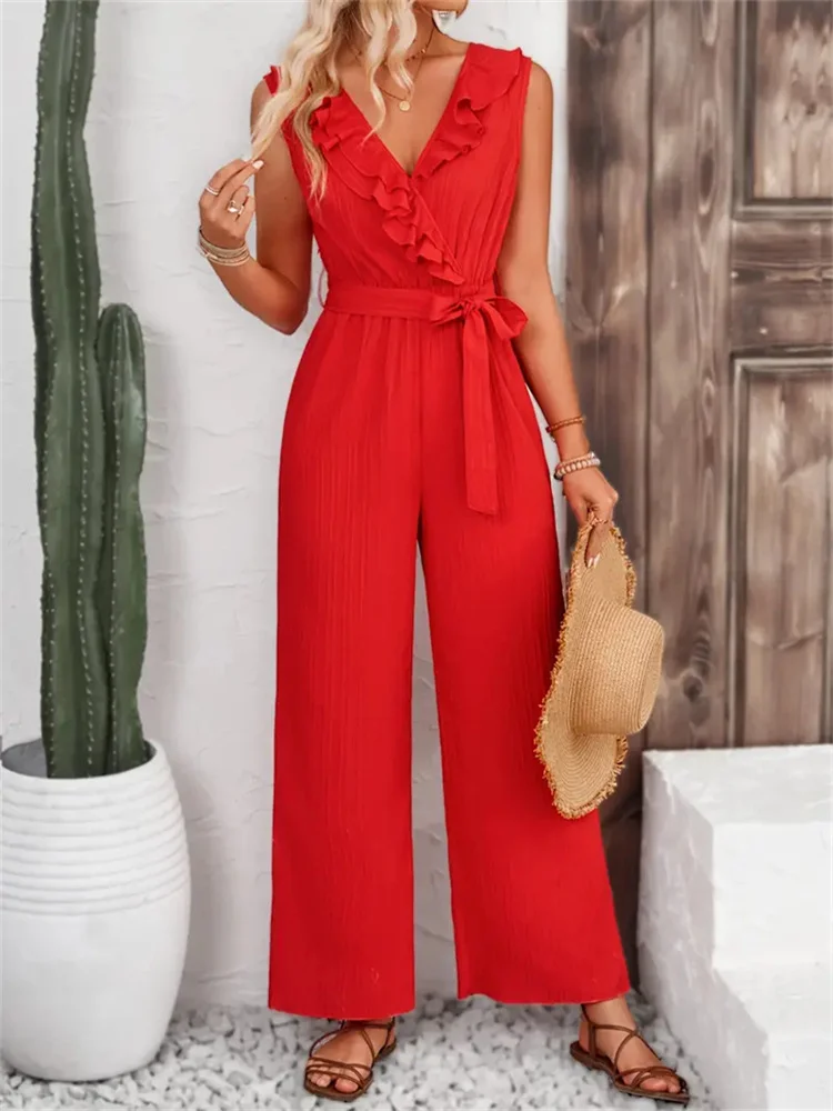 Women Plain V Neck Sleeveless Casual Summer Jumpsuit