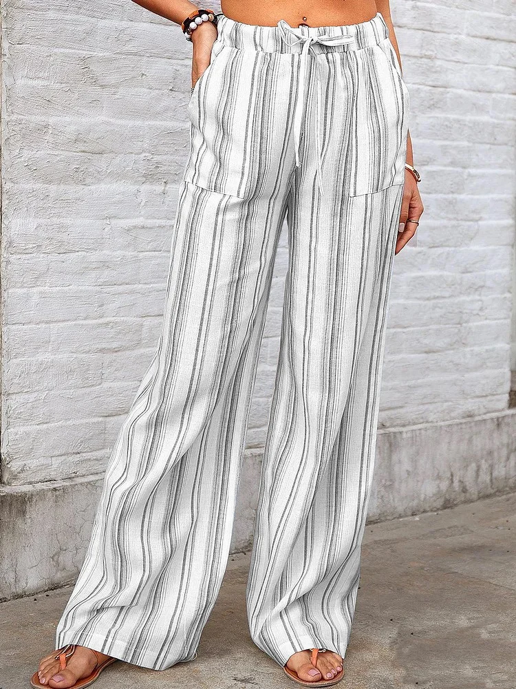Women Striped Long Drawstring Pants Casual Spring/Fall Trousers
